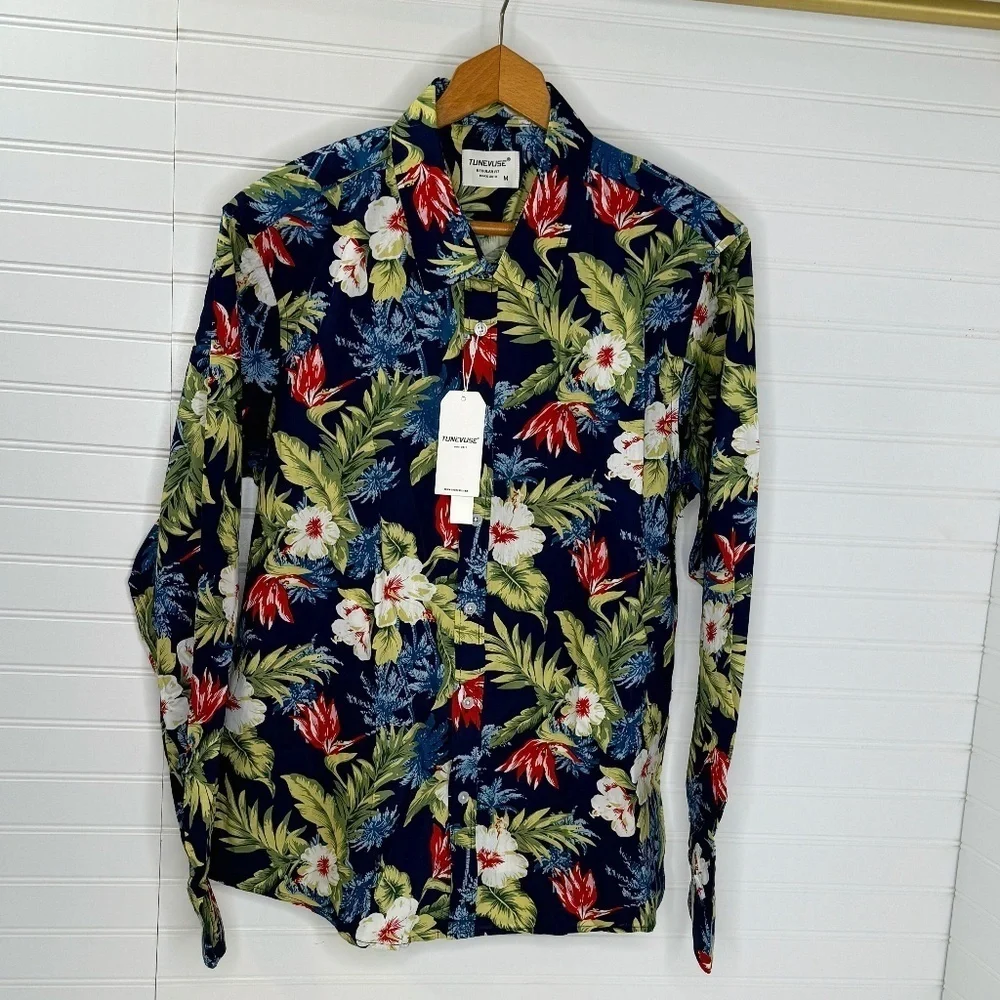 NWT Tunevuse Long Sleeve Button Front Hawaiian Shirt Regular Fit Medium - Picture 1 of 7